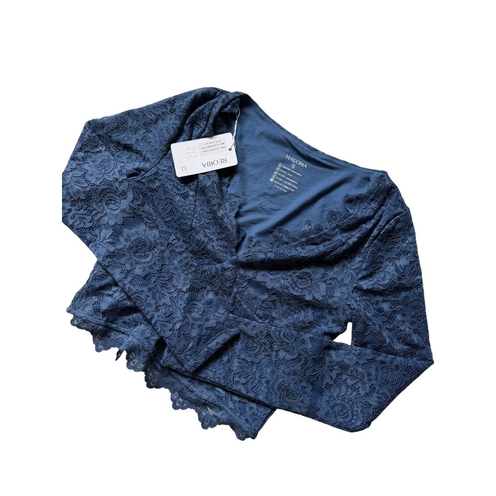 REORIA Lace Crop Top Blue Long Sleeve V-Neck Women's Size Small NWT